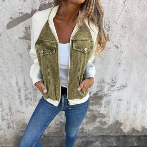 Autumn Winter Denim Patchwork Jacket for Women Casual Fashion V-Neck Long Sleeve Shoulder Rubbing Coat