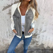 Autumn Winter Denim Patchwork Jacket for Women Casual Fashion V-Neck Long Sleeve Shoulder Rubbing Coat