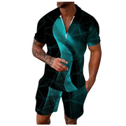 Contrast Color Men's Hawaii 3D Printed Polo Shirt and Shorts Set Casual Zip Up Top with Short Sleeves for Summer Fashion