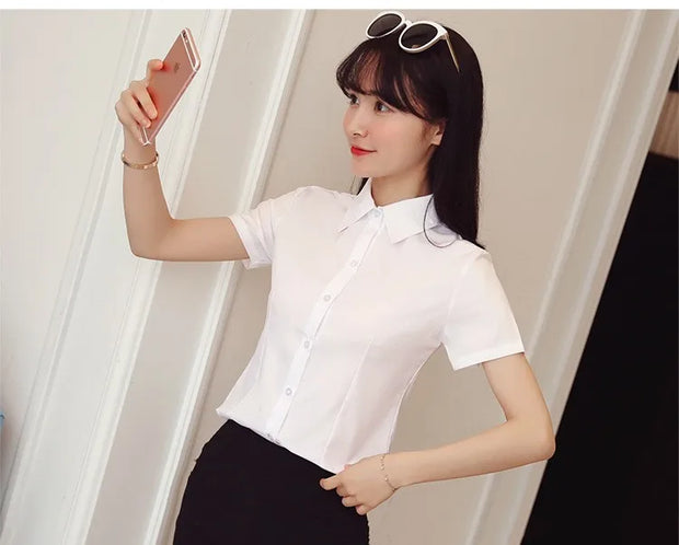 Fashion White Short Sleeve Women's Blouse Solid Tops for Autumn 2023 Ladies Work Shirt Eye Catching Basic Clothing