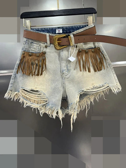 Hot girl fringe, frayed edge, ripped hole jeans, women's summer 2024 new retro slimming wide leg short pants